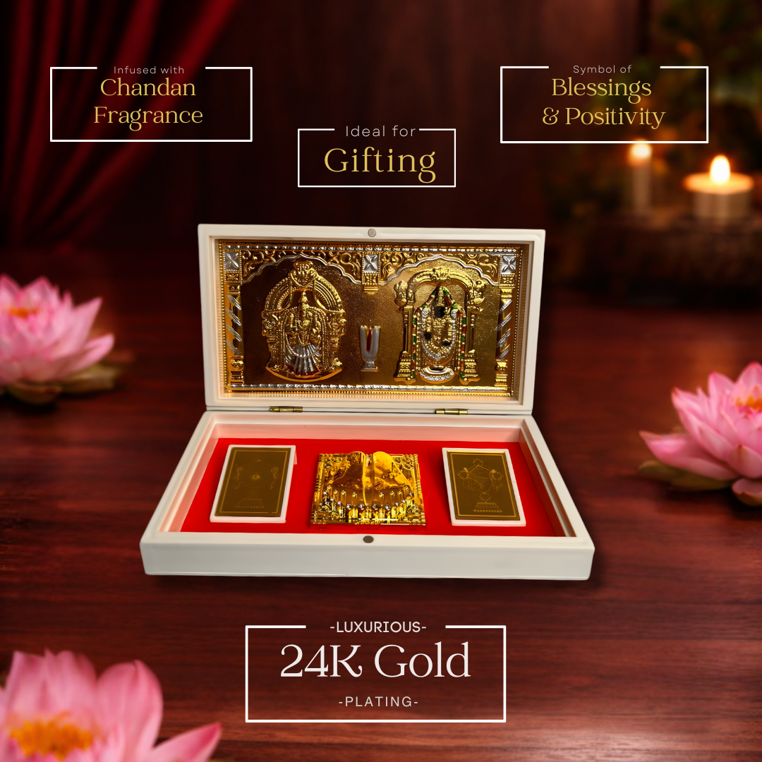 24 Karat Gold Plated Lord Balaji Lakshmi Padmavathi Photo Frame in Charan Paduka Temple Box with with Chandan Fragrance