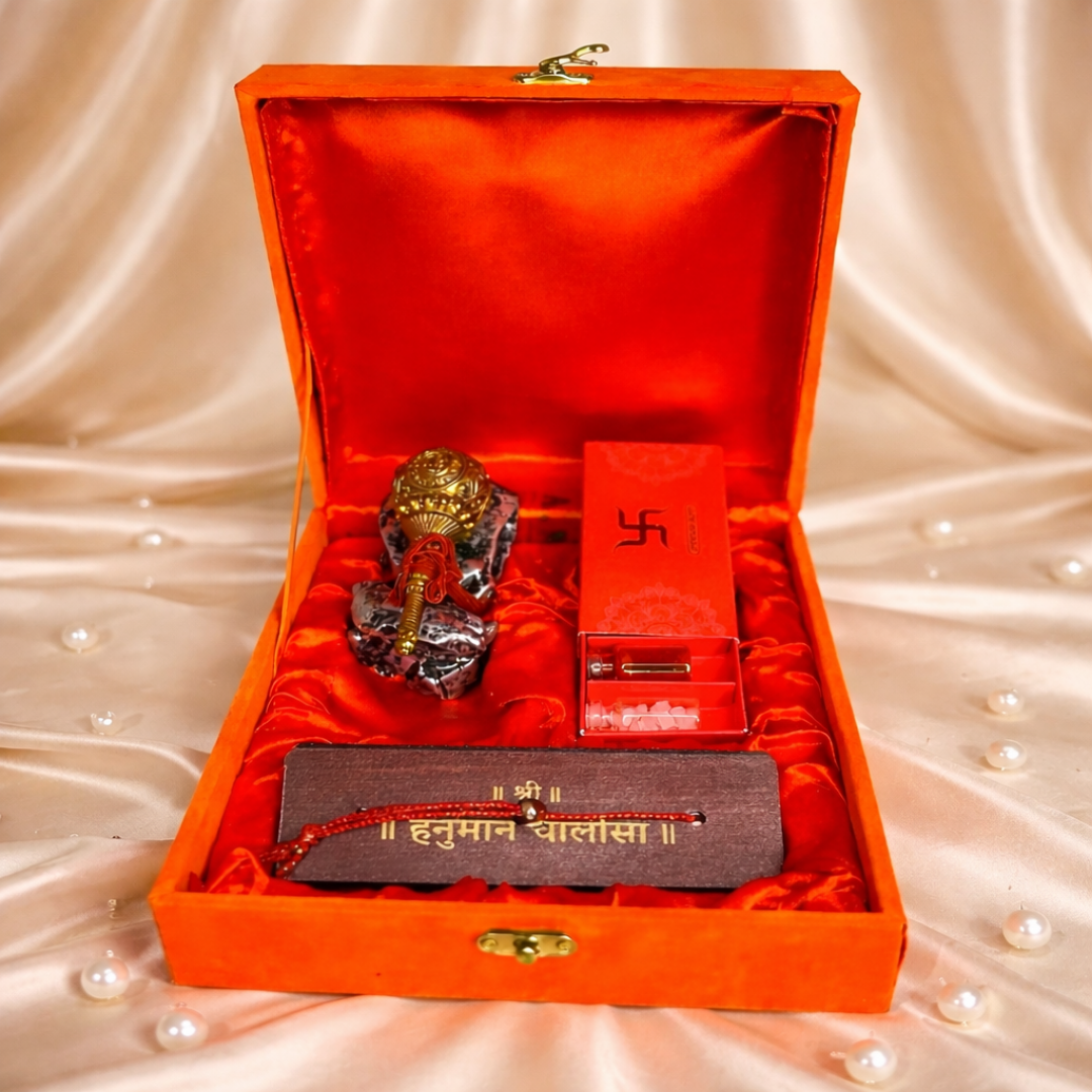 Luxury Hanuman Chalisa Gift Hamper in Velvet Box with Wooden Hanuman Chalisa, Pooja Samagri Kit & Kaumodaki Hanuman Gada