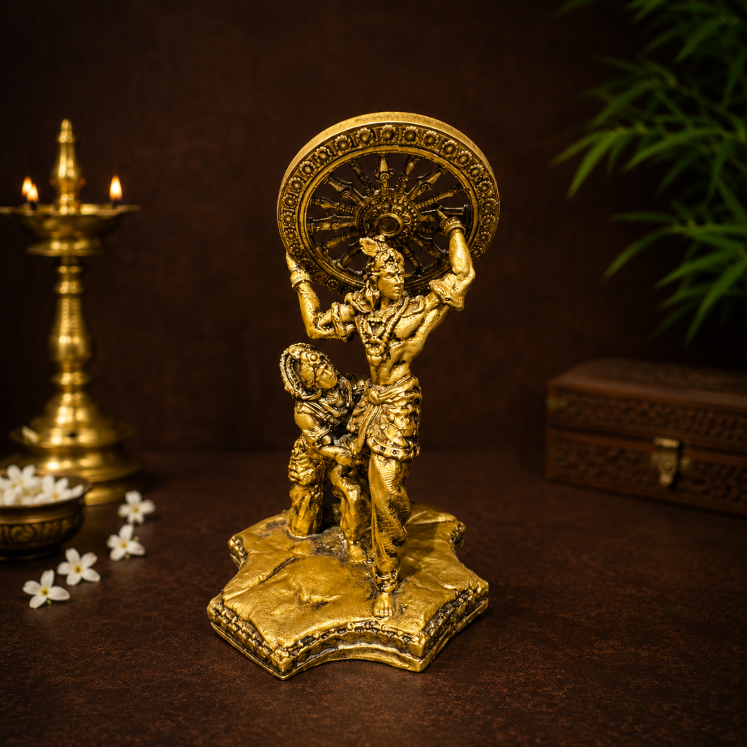 Krishna's Divine Fury Mahabharat God Idol in Premium Gift Box (2.5 x 4 Inches, Gold, Resin)