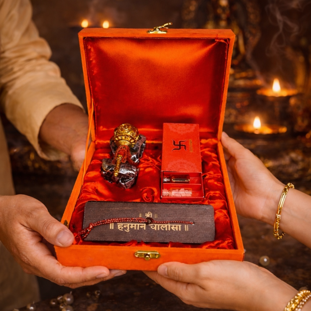 Luxury Hanuman Chalisa Gift Hamper in Velvet Box with Wooden Hanuman Chalisa, Pooja Samagri Kit & Kaumodaki Hanuman Gada