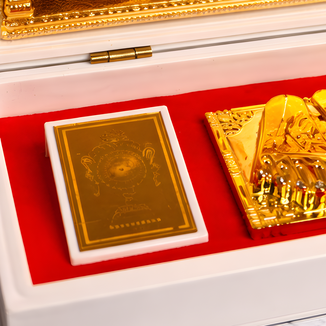24 Karat Gold Plated Lord Balaji Lakshmi Padmavathi Photo Frame in Charan Paduka Temple Box with with Chandan Fragrance