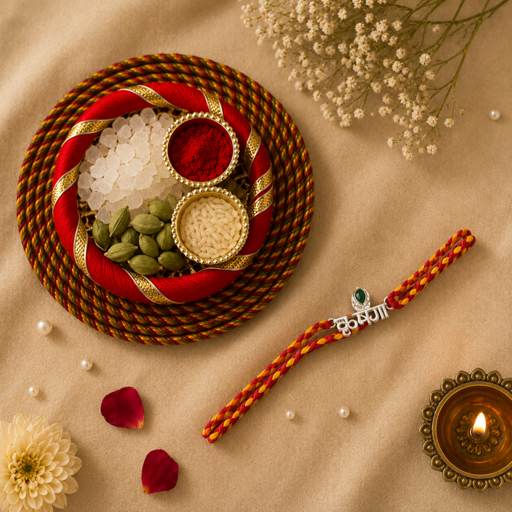 Krishna Silver Rakhi for Brother with Roli Chawal and Greeting Card For Brother Bro Bhaiya Bhai Rakhi Gift Combo
