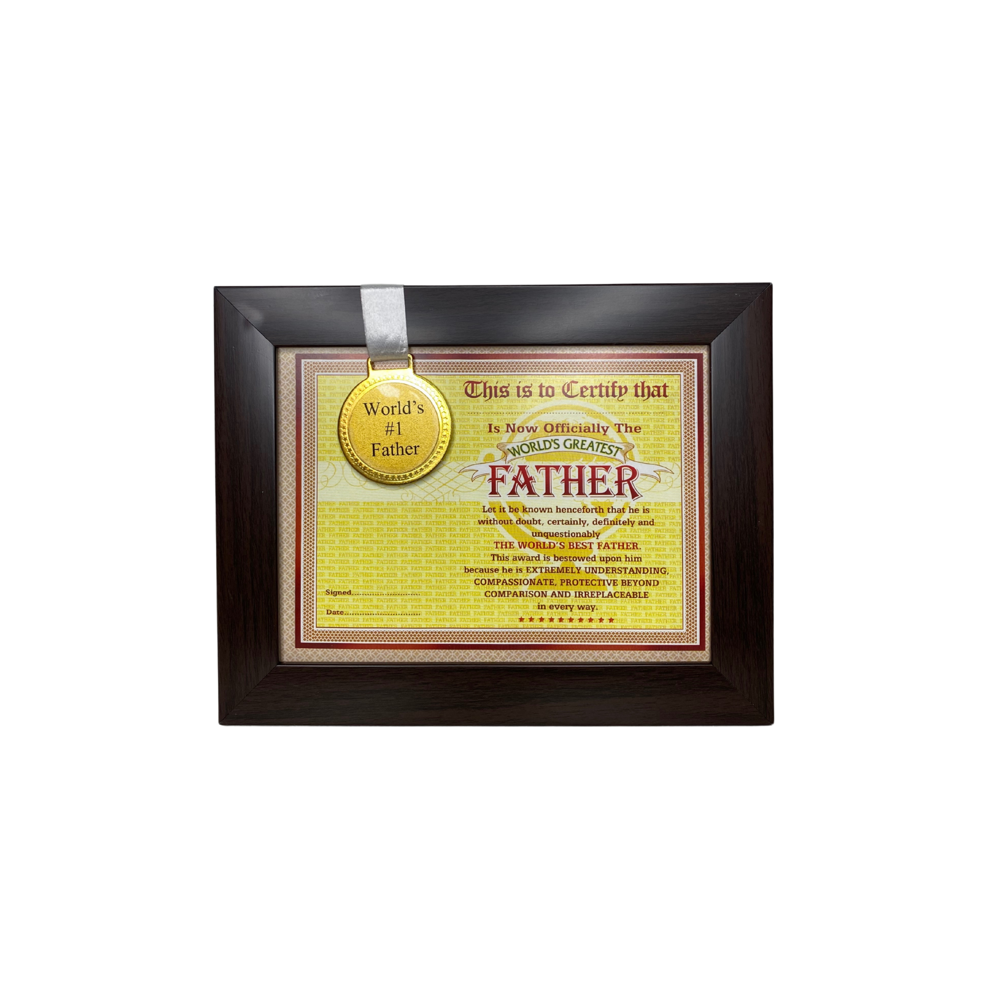 The World's Best Father Framed Certificate with World's #1 Father Gold Medal- Unique Gifts for Father