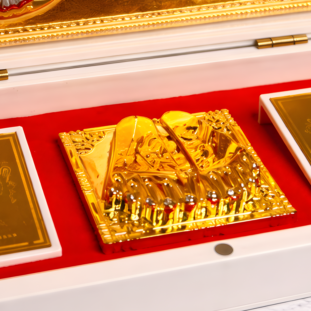 24 Karat Gold Plated Lord Balaji Lakshmi Padmavathi Photo Frame in Charan Paduka Temple Box with with Chandan Fragrance