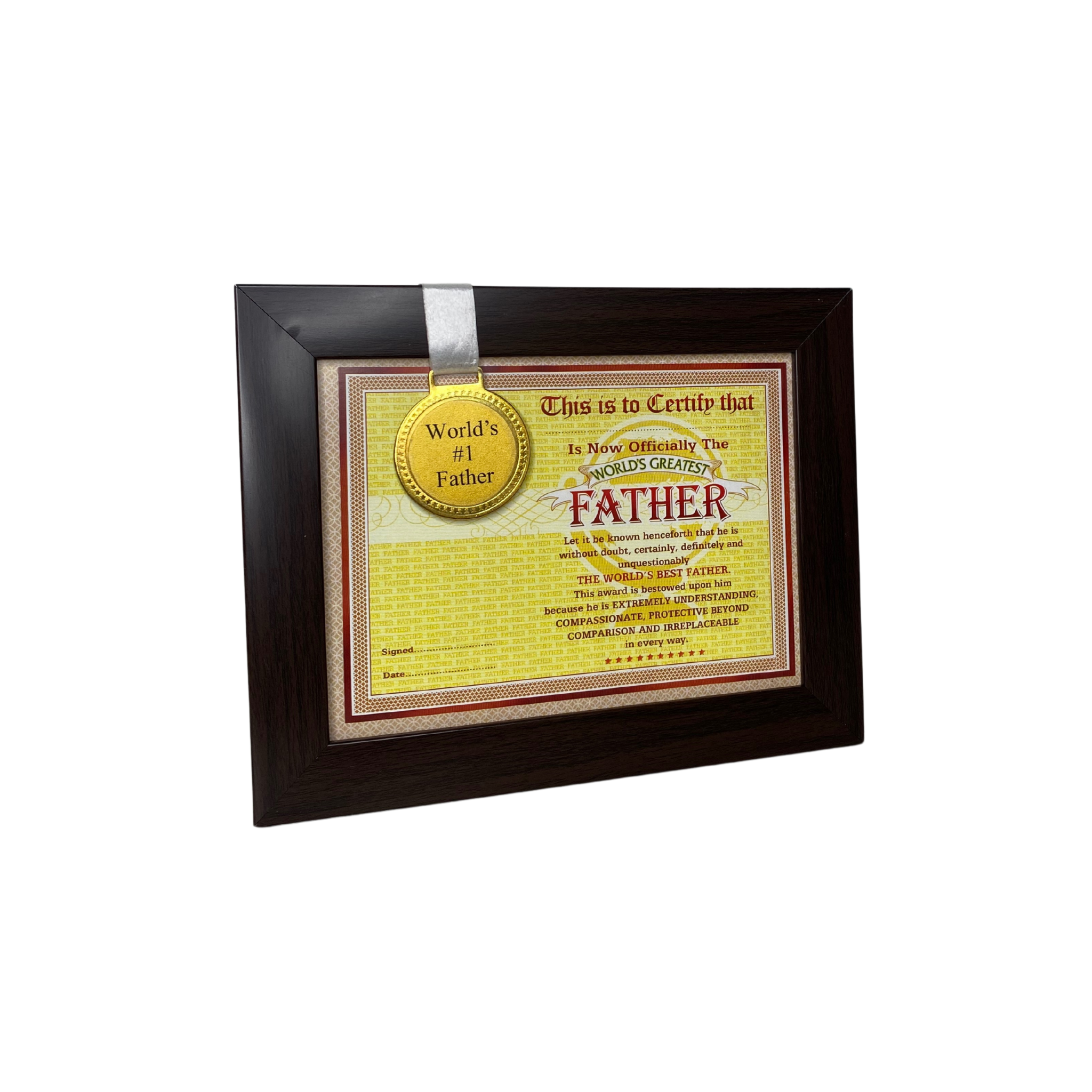 The World's Best Father Framed Certificate with World's #1 Father Gold Medal- Unique Gifts for Father
