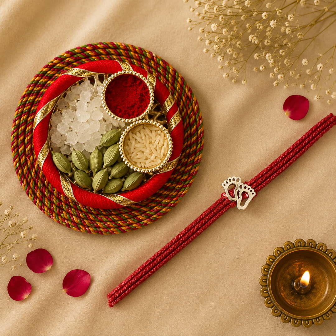 Happy Rakhi Greeting Card with Feet Shape of Bal Kirshna Silver Rakhi for Brother