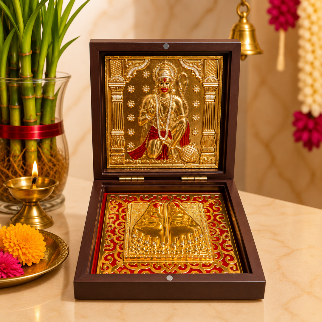 24K Gold Plated Jai Hanuman Idol with Charan Paduka in Gift Box, 4.5 Inch