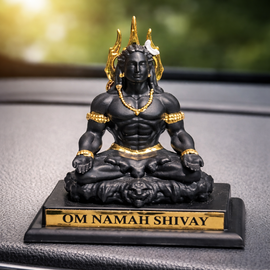 Shiva Idol for Car Dashboard (9 cm) – Black & Gold Resin Mahadev Murti  (Size 9 × 6.5 × 4 cm)