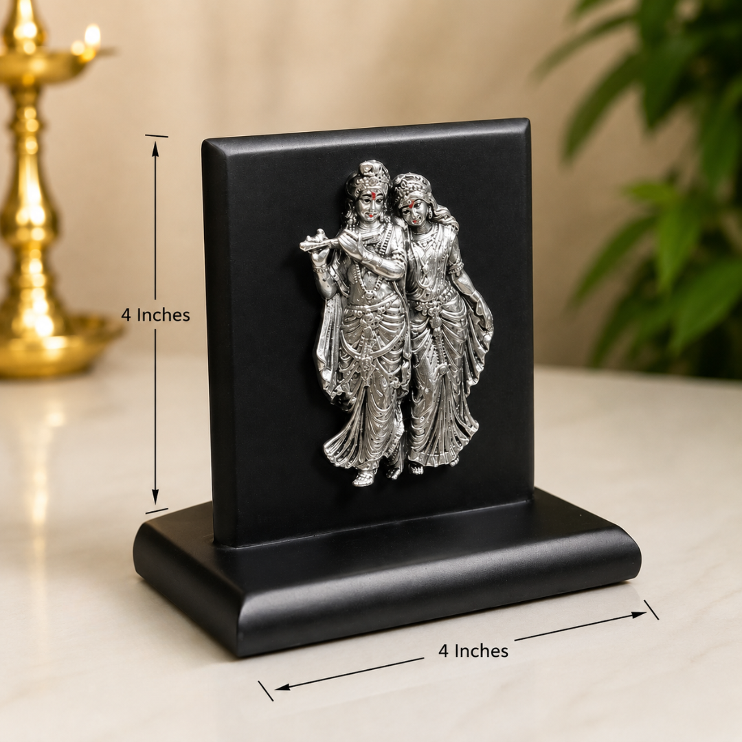 999 Silver Plated Radha Krishna Ji Idol with MDF Base in Premium Gift Box (10 cm)