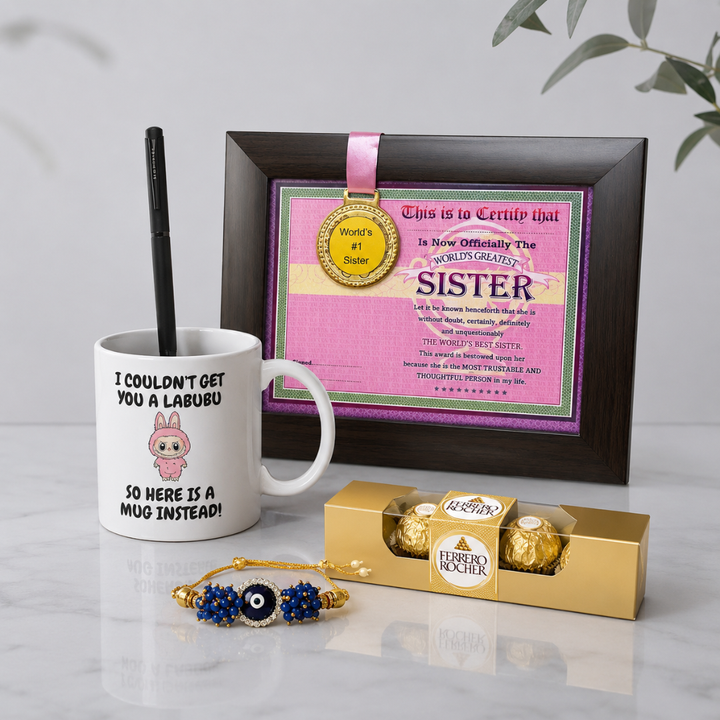 Rakhi Gift Combo with Best Sister Medal Frame, Coffee Mug, Pen, Lumba & Chocolate -  Perfect Rakshabandhan Gift for Sister/Bhabhi/Behan