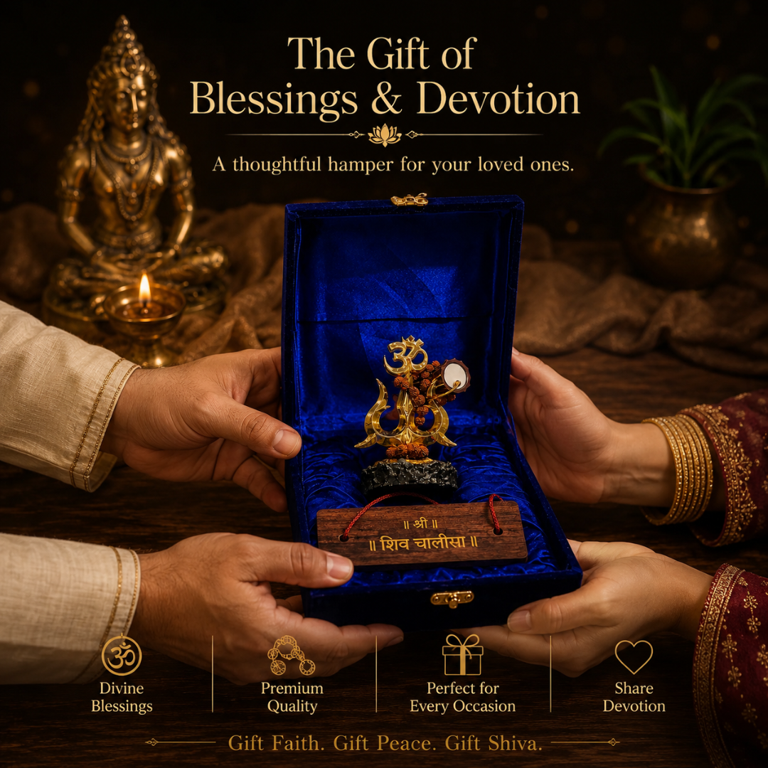 Luxury Shiv Chalisa Gift Hamper with Shiva Trishul Idol & Wooden Shiv Chalisa in Premium Velvet Box