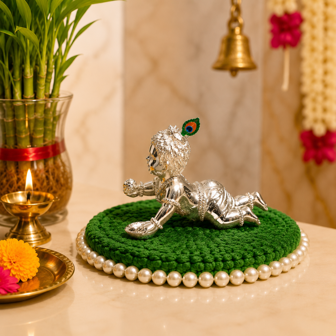 999 Silver Plated Laddoo Gopal Baby Krishna Idol with Premium Gift Box