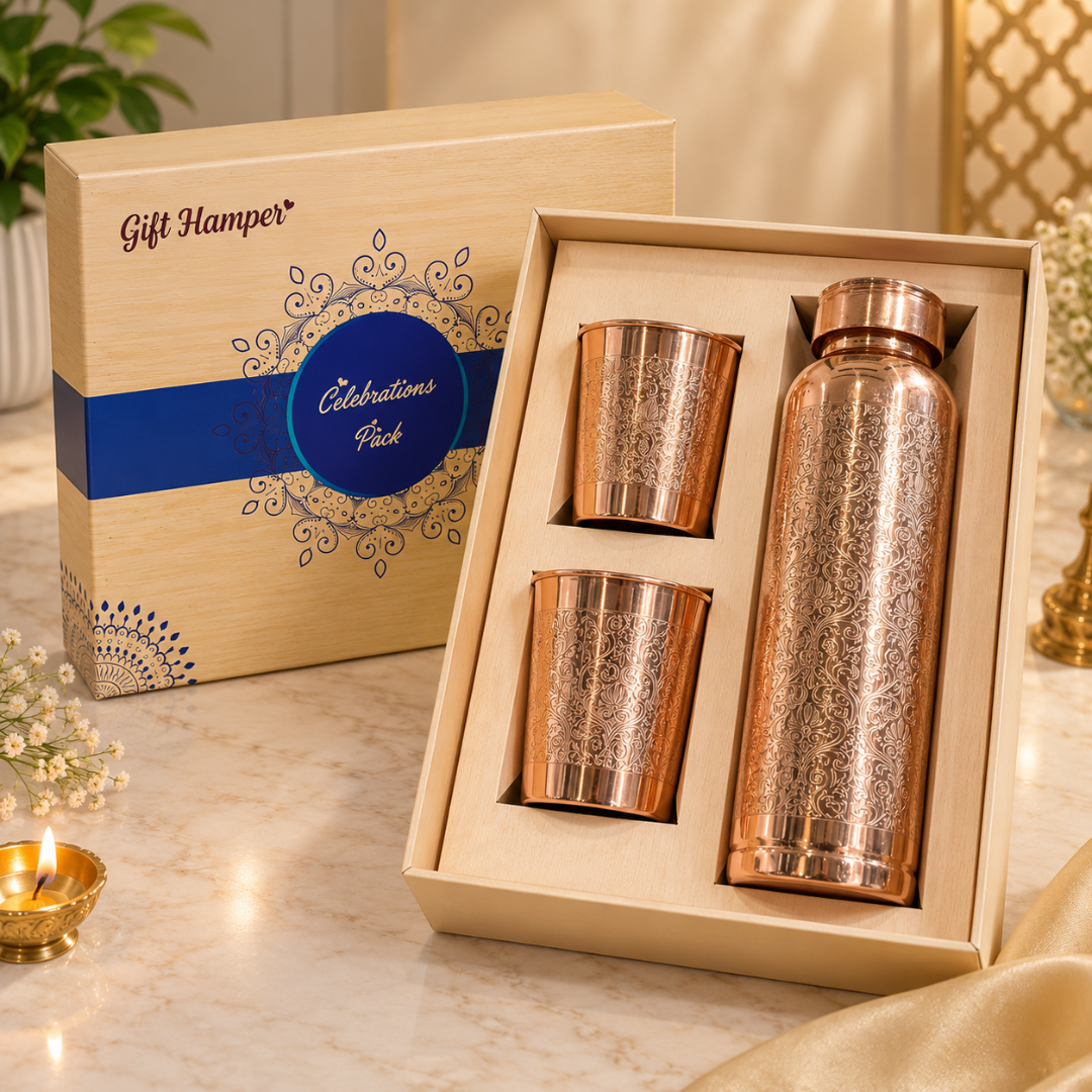 Traditional Floral Engraved Artwork Pure Copper Water Bottle with 2 Glasses