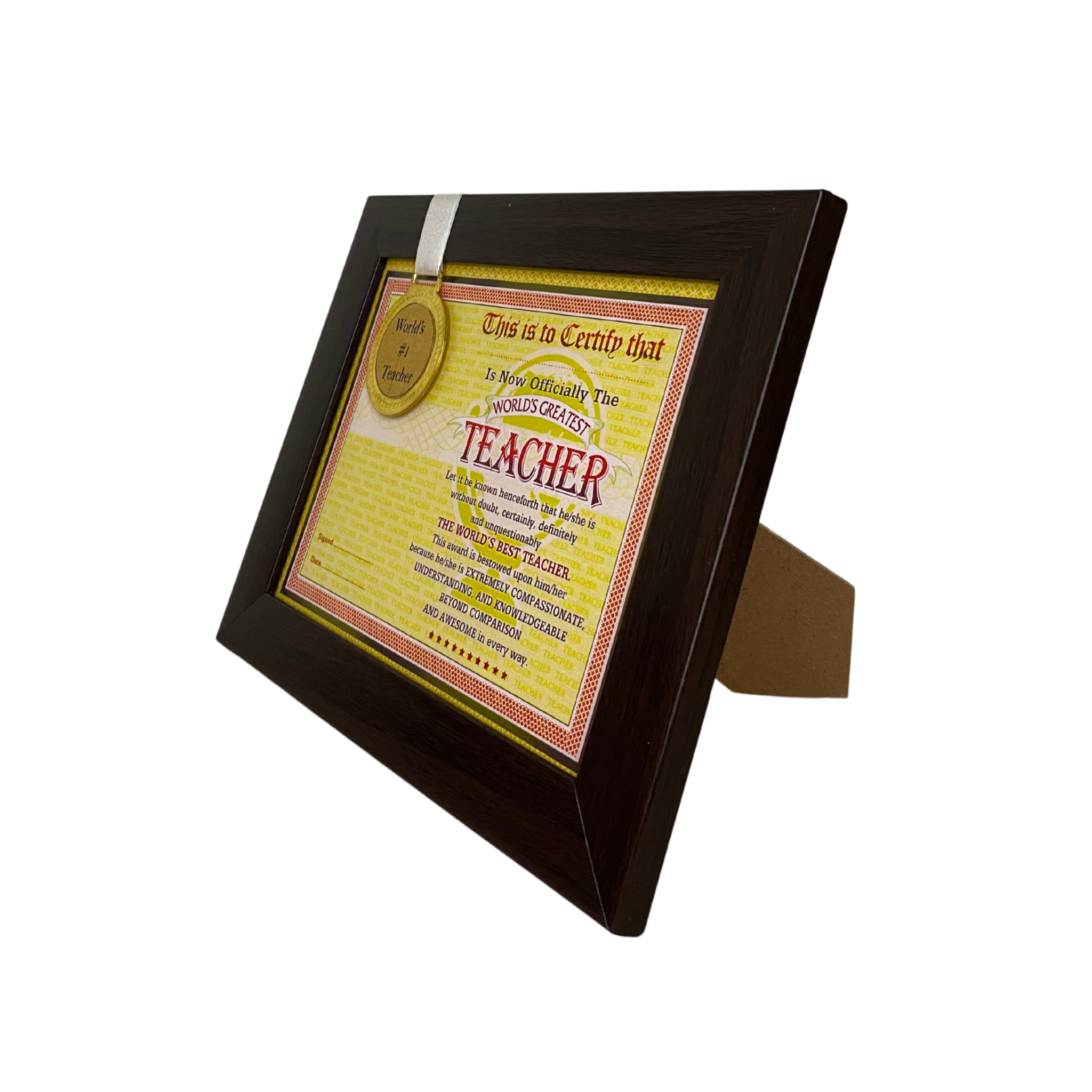 World's Best Teacher Framed Certificate with Gold Medal for Teacher - Gift for Teacher