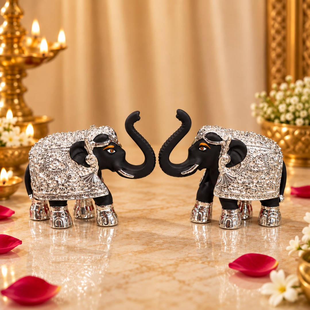 999 Silver Plated Lakshmi Ganesha Hamper with Elephant Idols (3 Inches) in Premium Velvet Gift Box