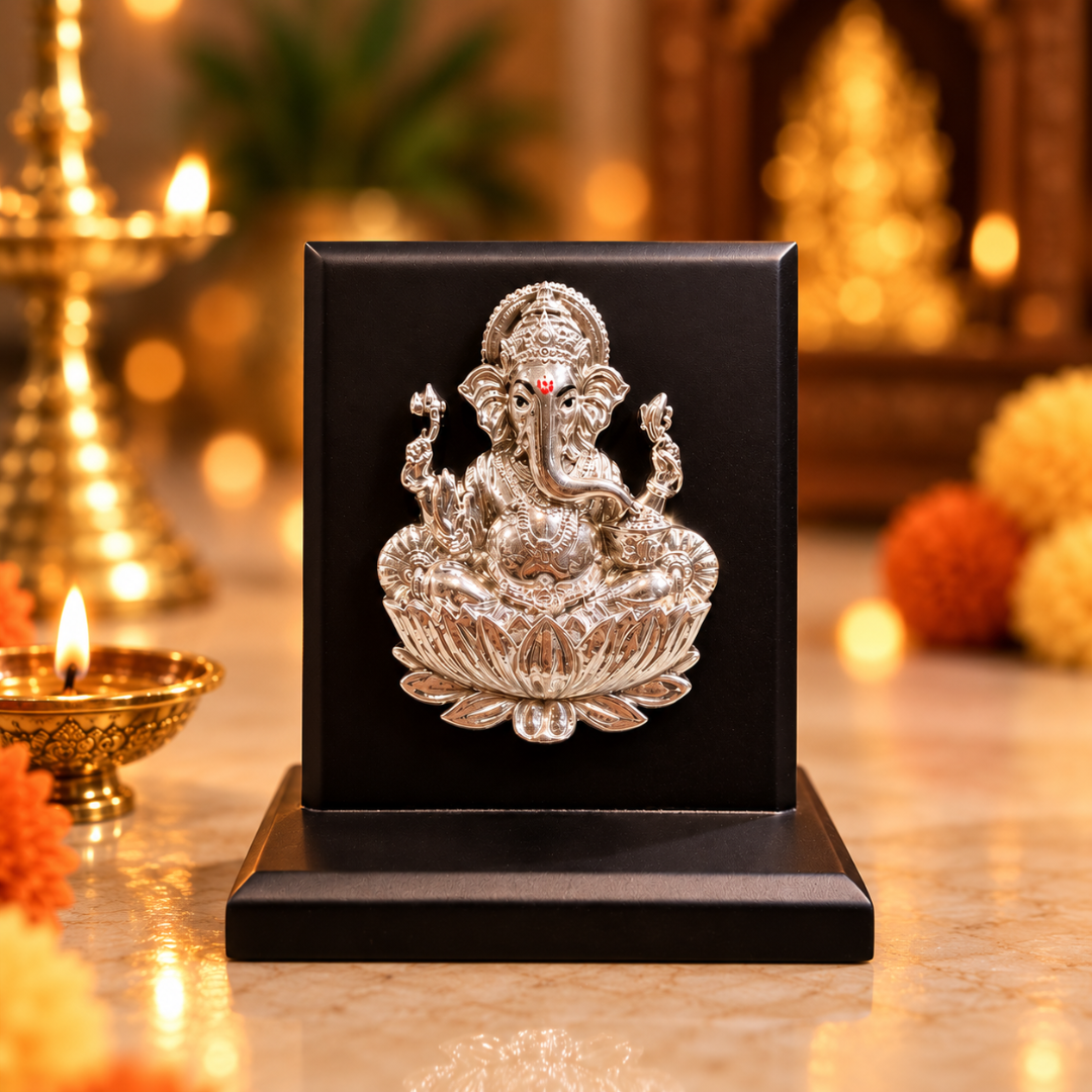 999 Silver Plated Ganesha Ji Idol with MDF Base in Gift Box (4 x 4 Inch)