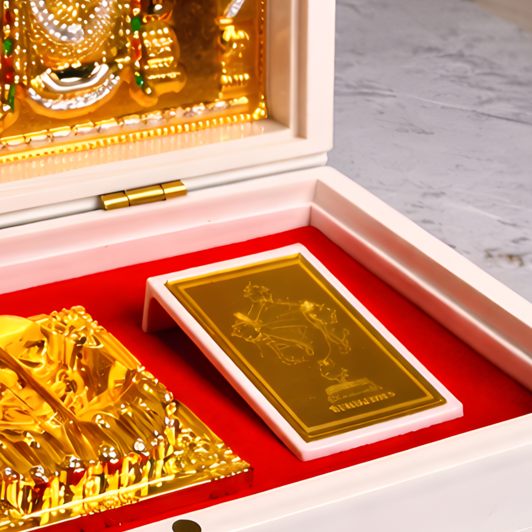 24 Karat Gold Plated Lord Balaji Lakshmi Padmavathi Photo Frame in Charan Paduka Temple Box with with Chandan Fragrance