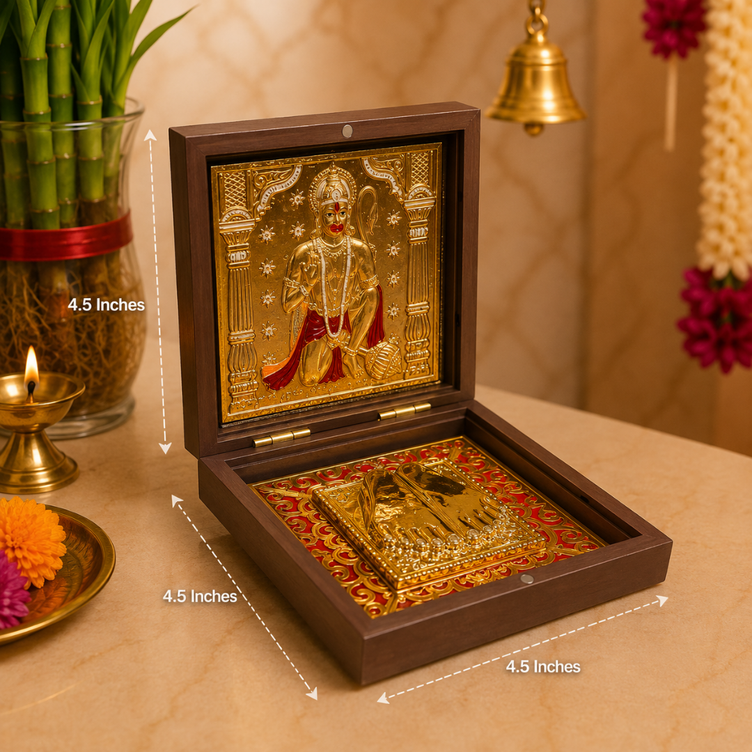 24K Gold Plated Jai Hanuman Idol with Charan Paduka in Gift Box, 4.5 Inch