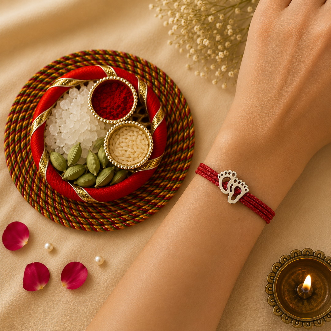 Happy Rakhi Greeting Card with Feet Shape of Bal Kirshna Silver Rakhi for Brother