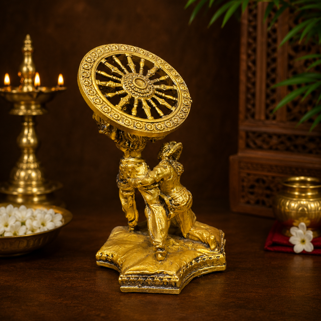 Krishna's Divine Fury Mahabharat God Idol in Premium Gift Box (2.5 x 4 Inches, Gold, Resin)