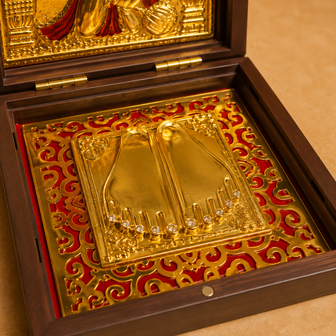 24K Gold Plated Jai Hanuman Idol with Charan Paduka in Gift Box, 4.5 Inch