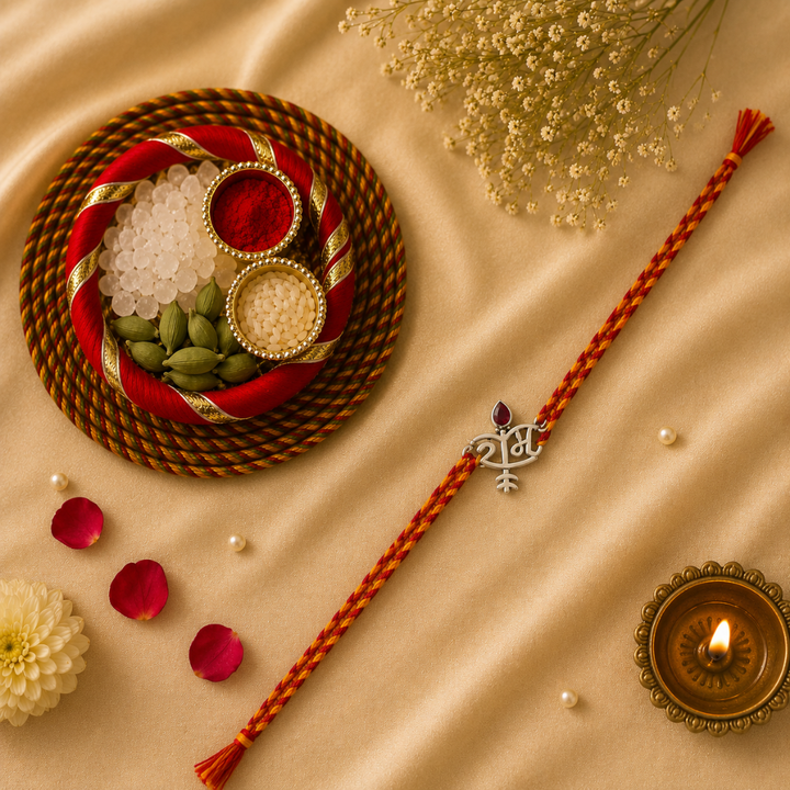 Ram Silver Rakhi for Brother with Roli Chawal and Greeting Card For Brother Bro Bhaiya Bhai