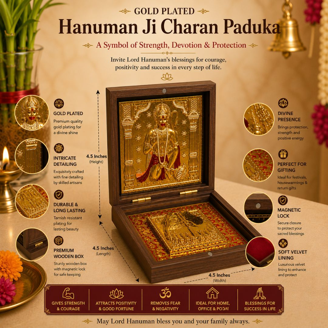 24K Gold Plated Jai Hanuman Idol with Charan Paduka in Gift Box, 4.5 Inch