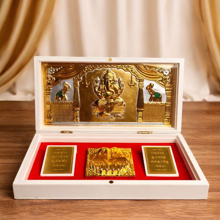 24 Karat Gold Plated Shree Ganesha Namah in Charan Paduka Temple Box with Chandan Fragrance
