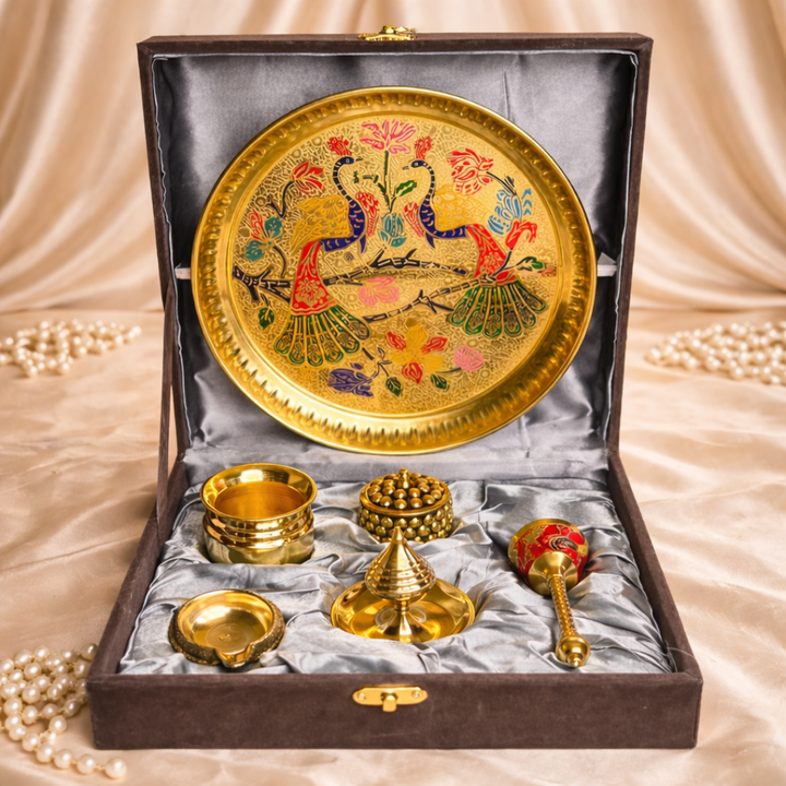 Ultra Luxury Gold Plated Gift Hamper in Velvet Box with Gold Plated Pooja Thali & 5 Mandir Essentials