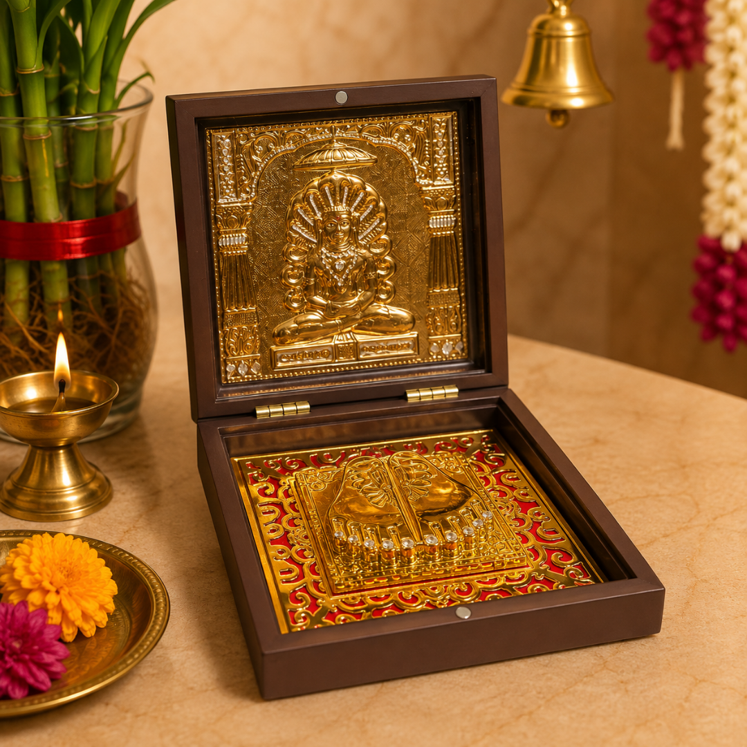 24K Gold Plated Mahavir Swami Idol with Charan Paduka in Gift Box, 4.5 Inch