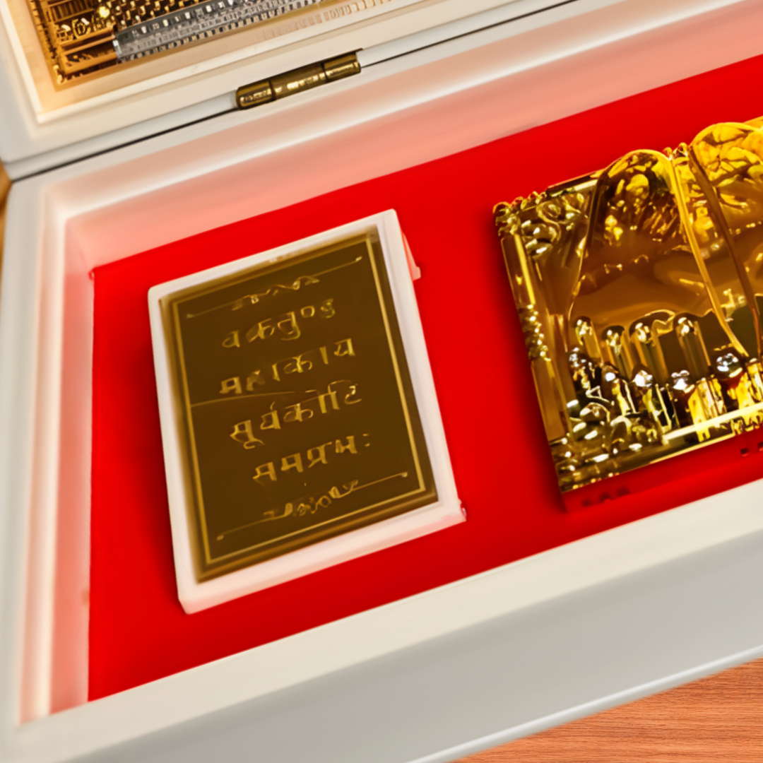 24 Karat Gold Plated Shree Ganesha Namah in Charan Paduka Temple Box with Chandan Fragrance