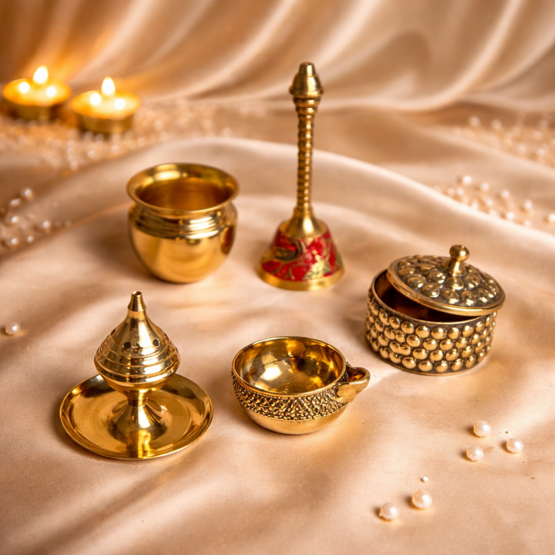 Ultra Luxury Gold Plated Gift Hamper in Velvet Box with Gold Plated Pooja Thali & 5 Mandir Essentials