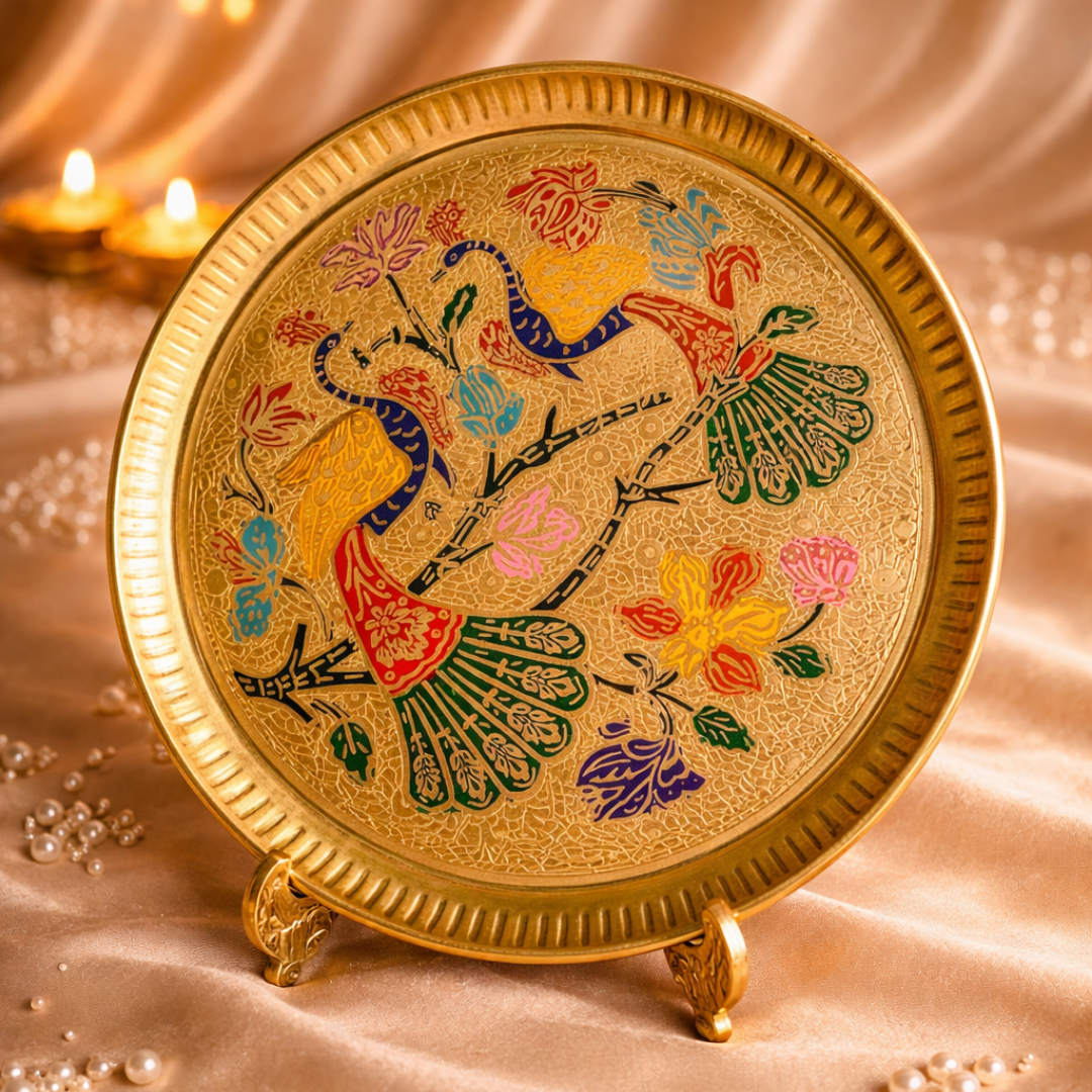 Ultra Luxury Gold Plated Gift Hamper in Velvet Box with Gold Plated Pooja Thali & 5 Mandir Essentials