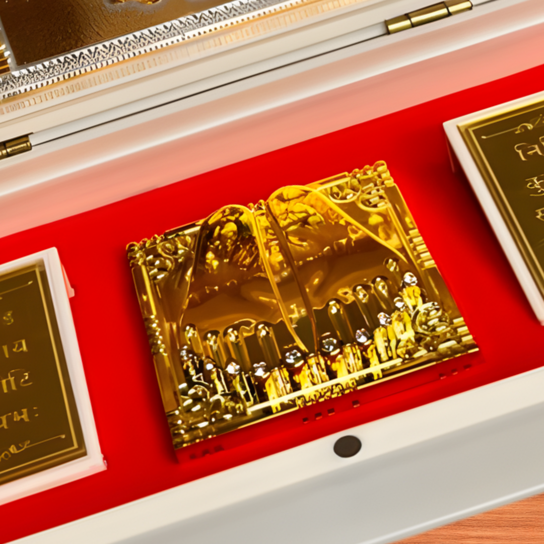 24 Karat Gold Plated Shree Ganesha Namah in Charan Paduka Temple Box with Chandan Fragrance