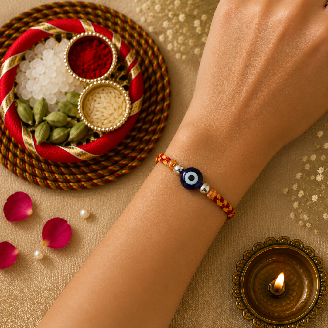 Evil Eye Silver Rakhi with Roli Chawal and Greeting Card for Brother