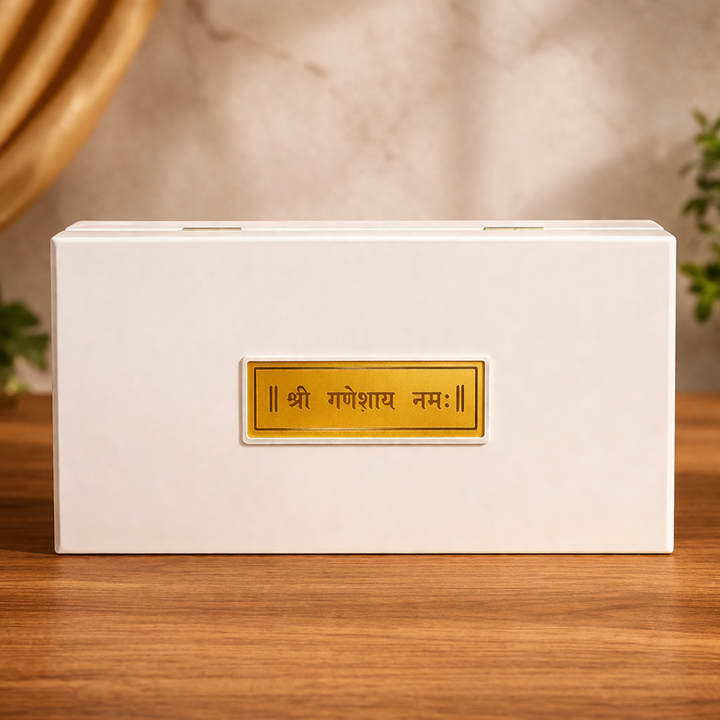 24 Karat Gold Plated Shree Ganesha Namah in Charan Paduka Temple Box with Chandan Fragrance