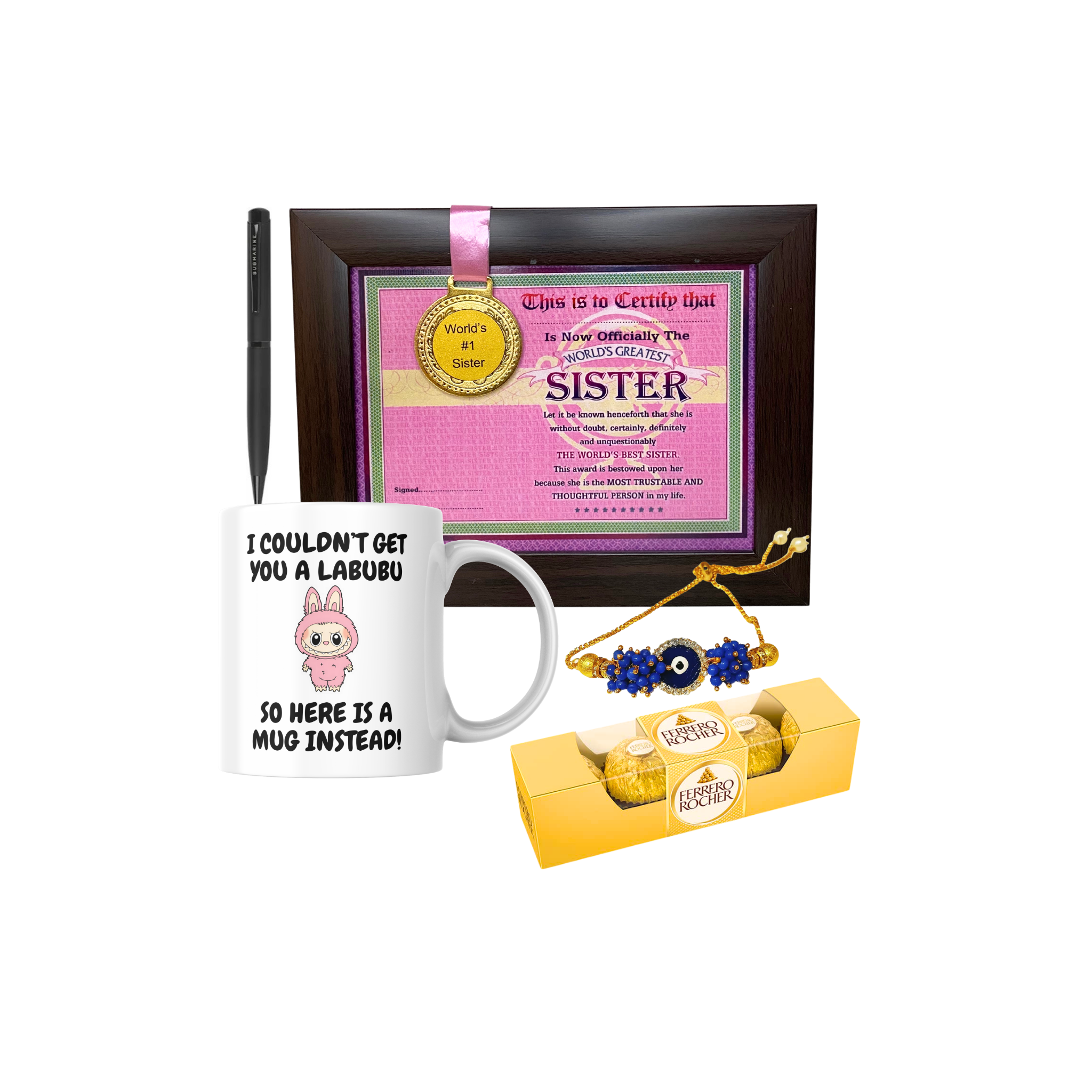 Rakhi Gift Combo with Best Sister Medal Frame, Coffee Mug, Pen, Lumba & Chocolate -  Perfect Rakshabandhan Gift for Sister/Bhabhi/Behan