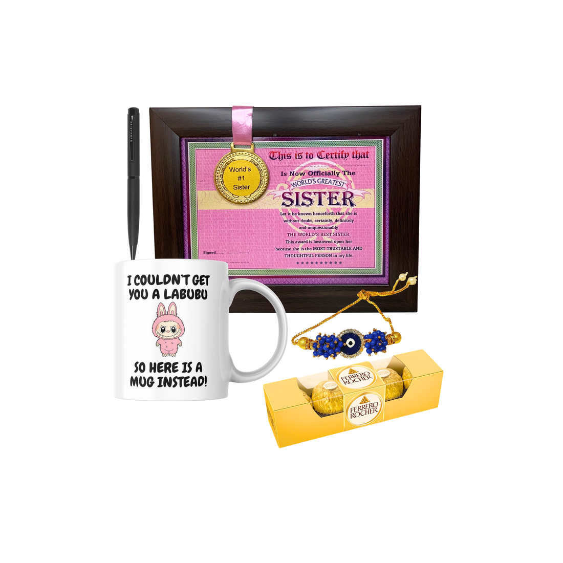 Rakhi Gift Combo with Best Sister Medal Frame, Coffee Mug, Pen, Lumba & Chocolate -  Perfect Rakshabandhan Gift for Sister/Bhabhi/Behan