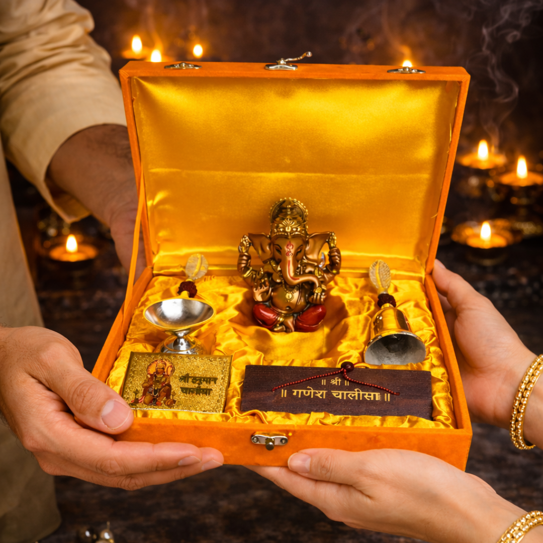 Luxury Ganesha Chalisa Silver Plated Gift Hamper in Velvet Box with Wooden Ganesha Idol, Hanuman Chalisa, Bell & Diya