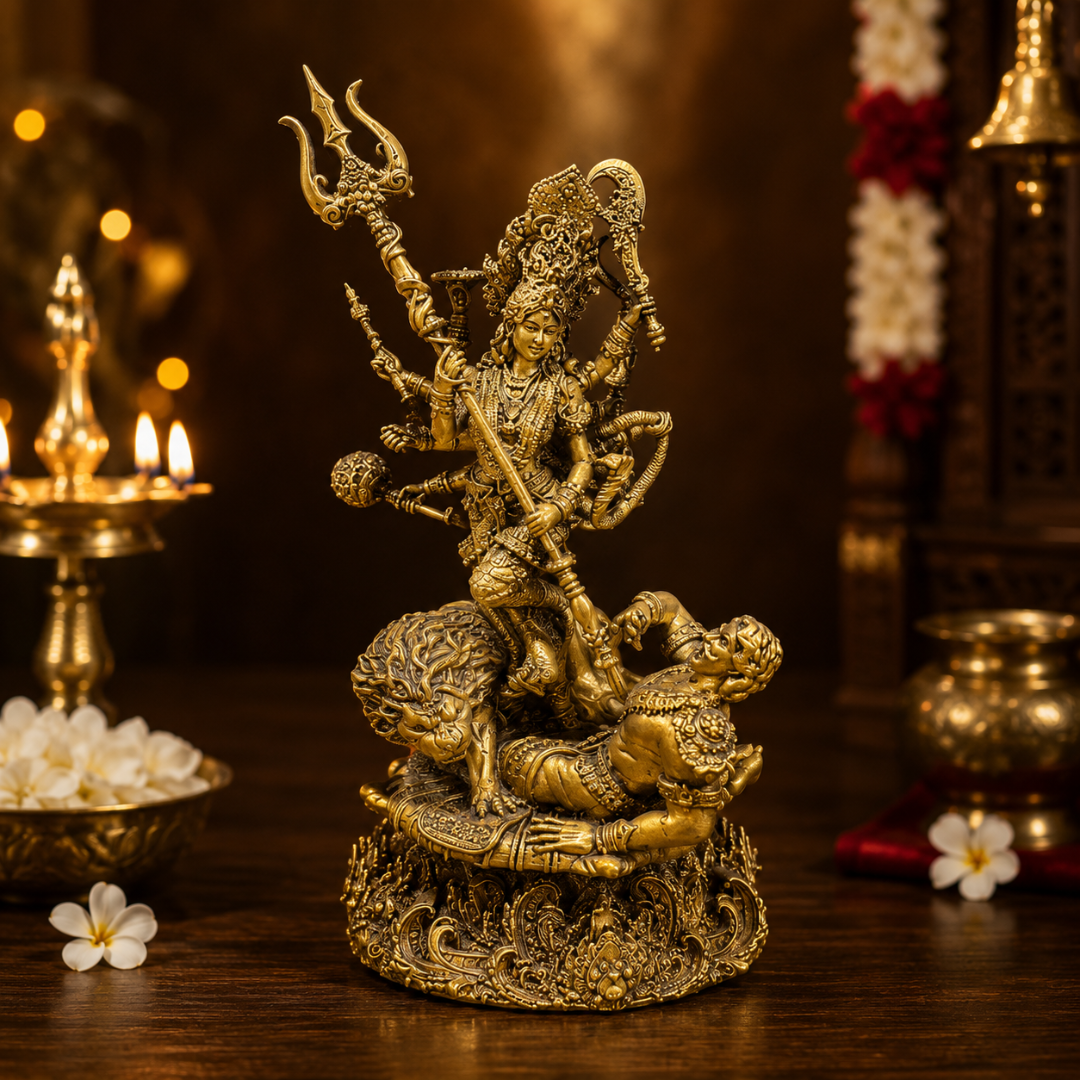Durga Mata Mahishasura Vadh God Idol in Premium Gift Box (2 x 5 Inches, Gold, Resin)