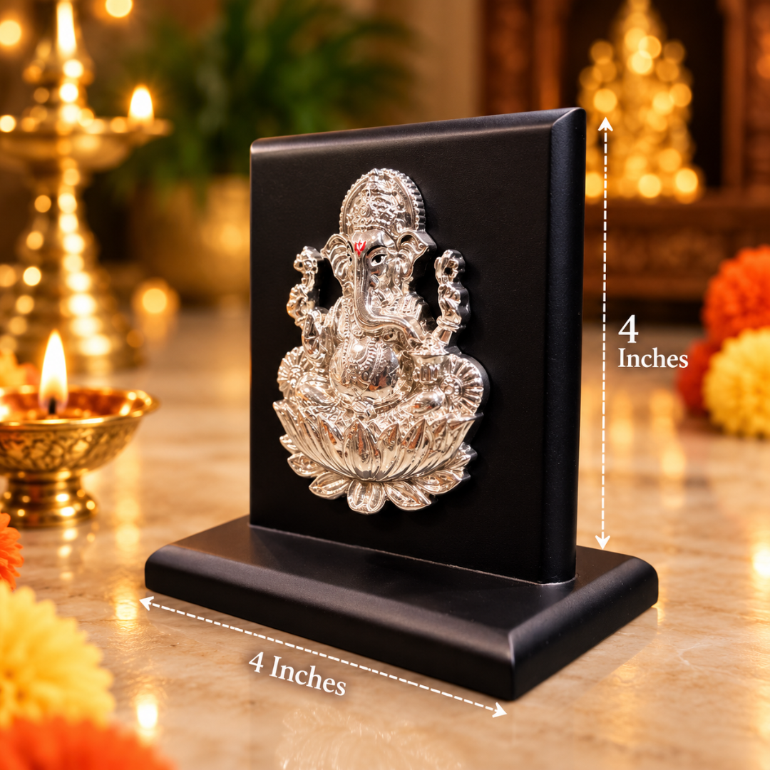 999 Silver Plated Ganesha Ji Idol with MDF Base in Gift Box (4 x 4 Inch)