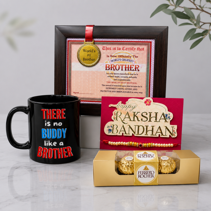 Rakhi Gift Combo with Coffee Mug, Best Brother Medal Frame, Rakhi & Chocolate