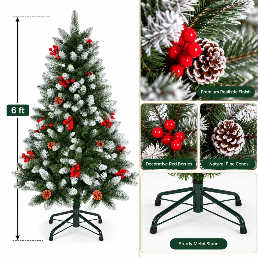 Artificial European Cherry Snow Pine Christmas Tree 6 Feet, Green