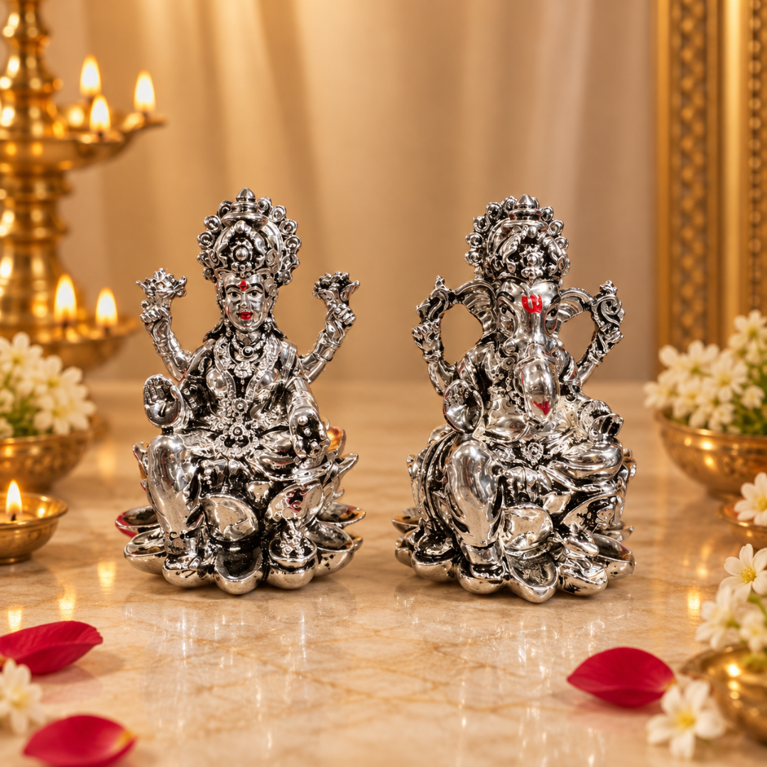 999 Silver Plated Lakshmi Ganesha Hamper with Elephant Idols (3 Inches) in Premium Velvet Gift Box