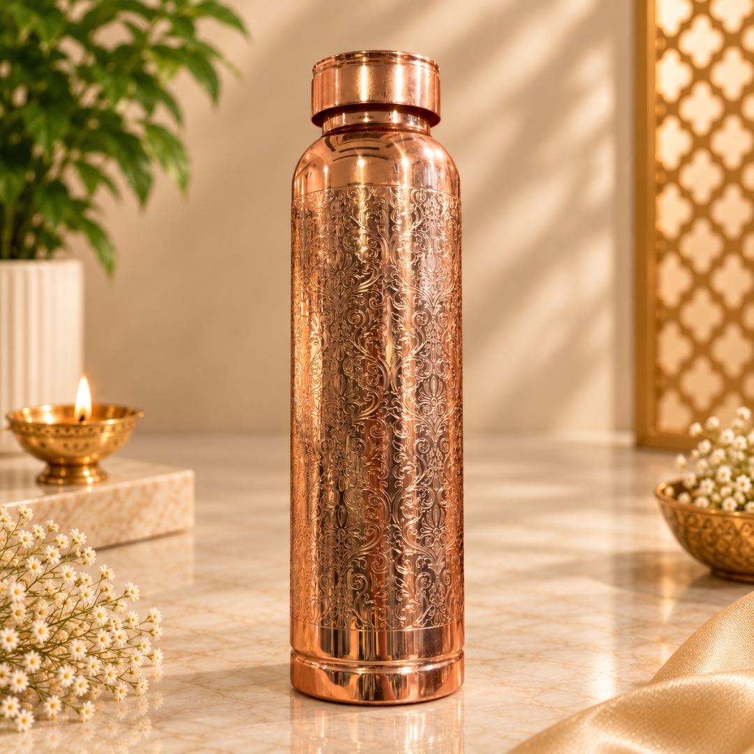 Traditional Floral Engraved Artwork Pure Copper Water Bottle with 2 Glasses