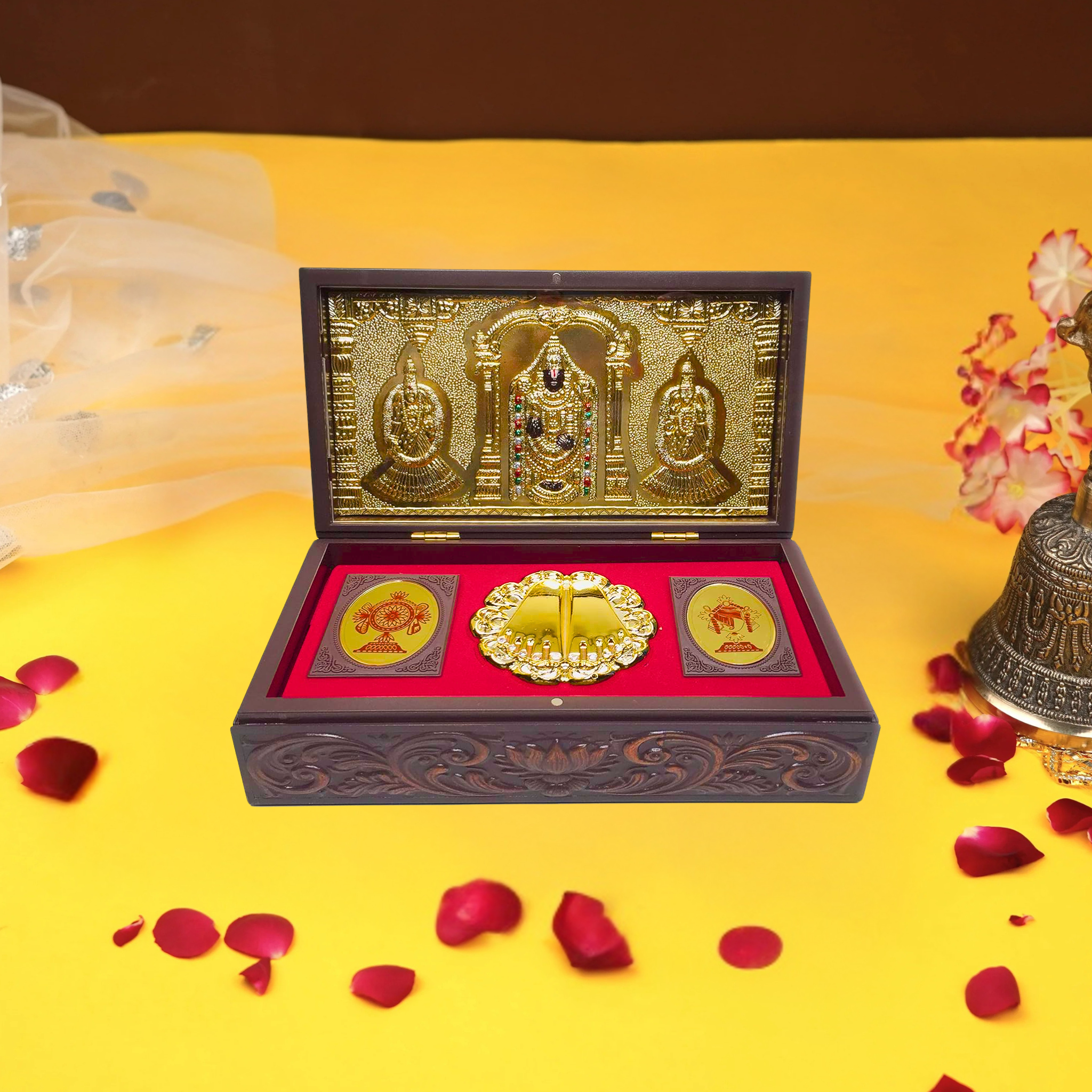 Gold Plated Shree Venkateshawara Figurine in Decorative Box with Chandan Fragrance