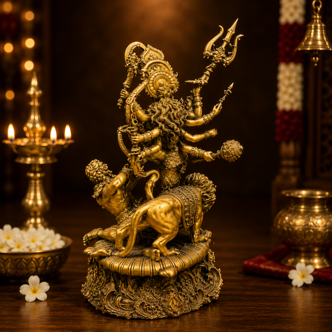 Durga Mata Mahishasura Vadh God Idol in Premium Gift Box (2 x 5 Inches, Gold, Resin)