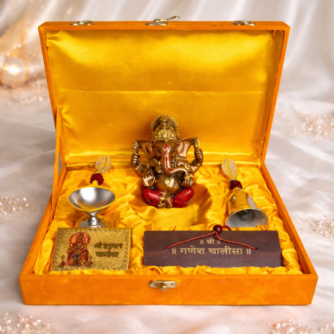 Luxury Ganesha Chalisa Silver Plated Gift Hamper in Velvet Box with Wooden Ganesha Idol, Hanuman Chalisa, Bell & Diya