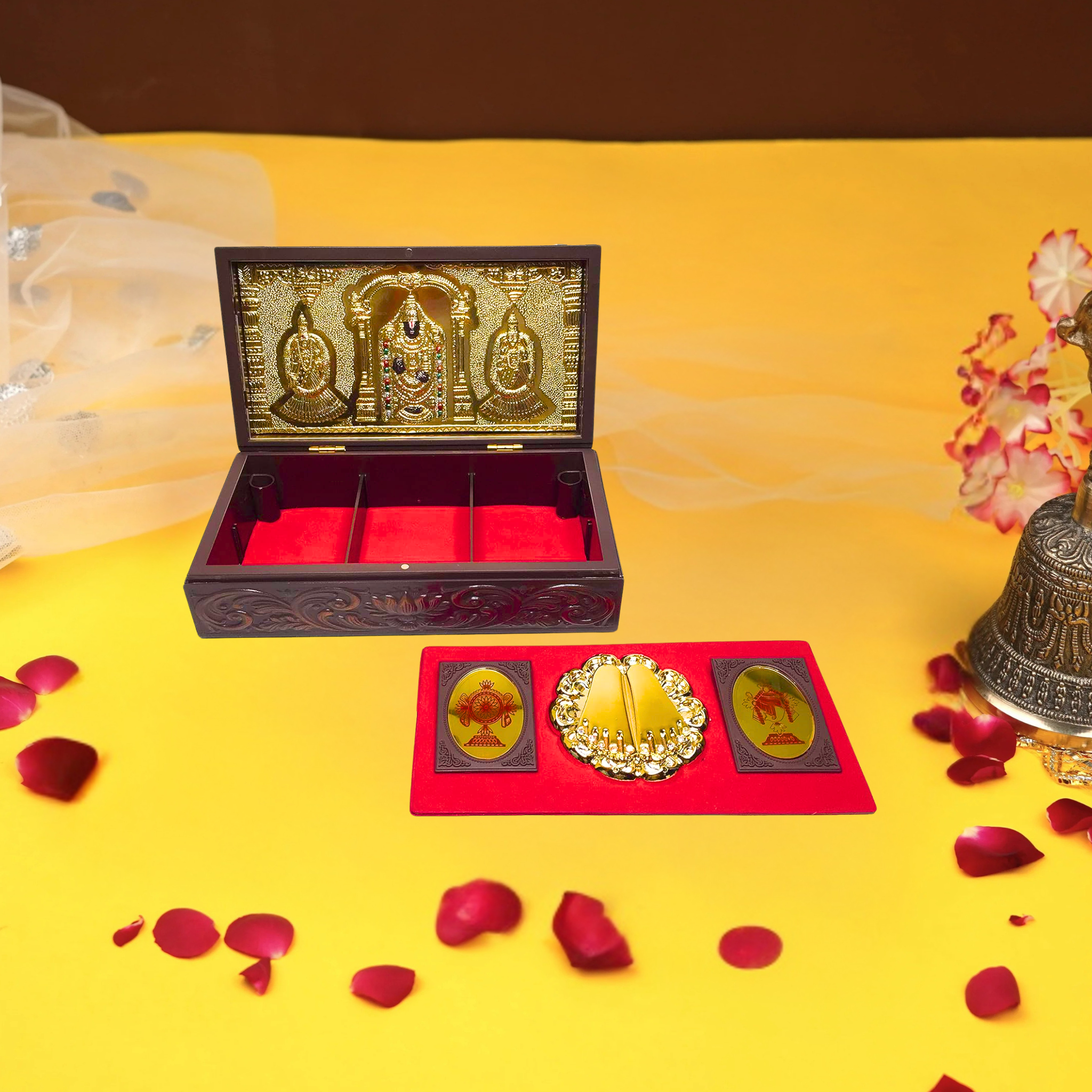 Gold Plated Shree Venkateshawara Figurine in Decorative Box with Chandan Fragrance