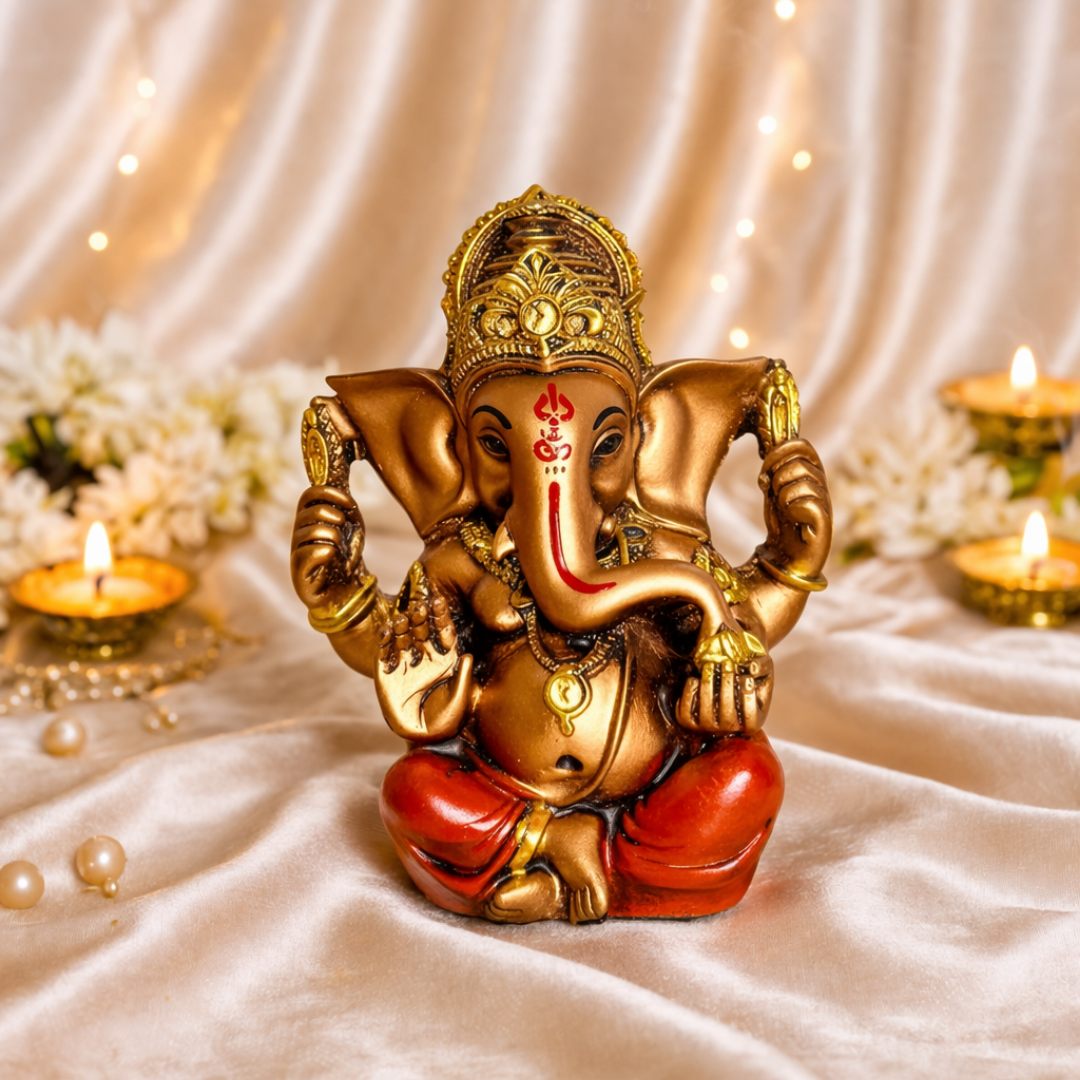 Luxury Ganesha Chalisa Silver Plated Gift Hamper in Velvet Box with Wooden Ganesha Idol, Hanuman Chalisa, Bell & Diya